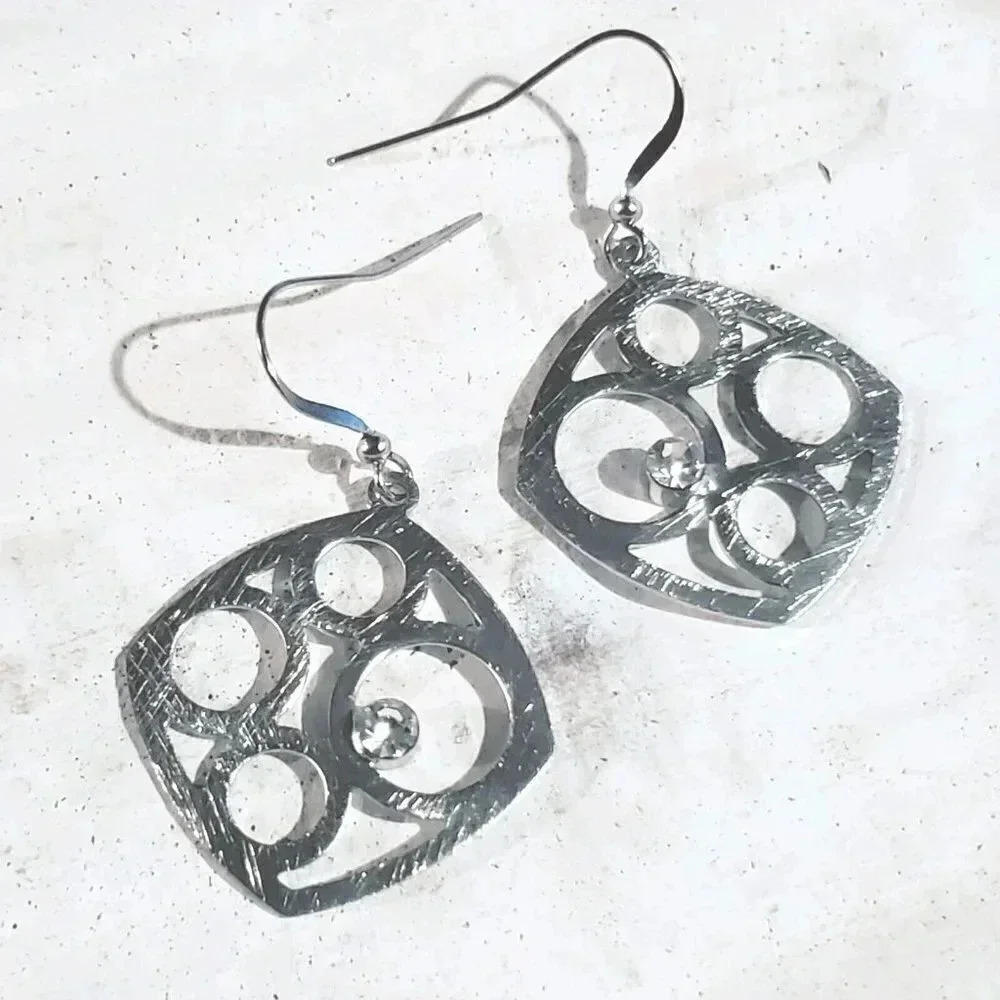 Art Deco Brushed Stainless Steel Geometric Cutout Austrian Crystal Earrings